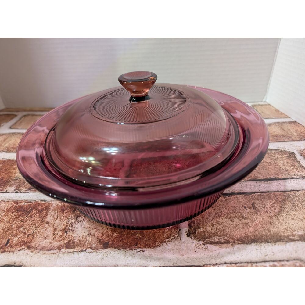 VTG Vision Corning Ware, USA 1 Qt Cranberry Teflon Glass Bowl Dish W/ Lid V-31-B - Picture 7 of 8